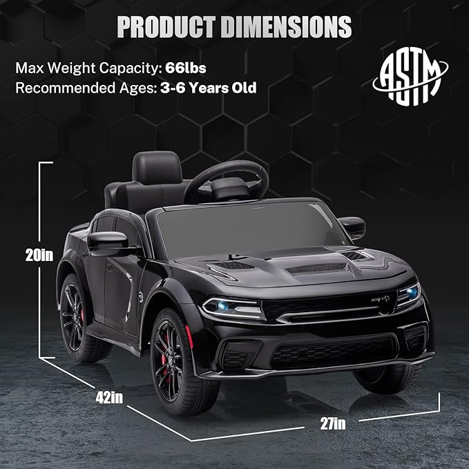 12V 7Ah Kids Electric Ride on Car, Licensed Dodge Charger SRT Hellcat, Battery Powered 4-Wheels Toy Car Electric Vehicle for Kids with Remote Control, 3 Speeds, LED Lights, Music (Black)