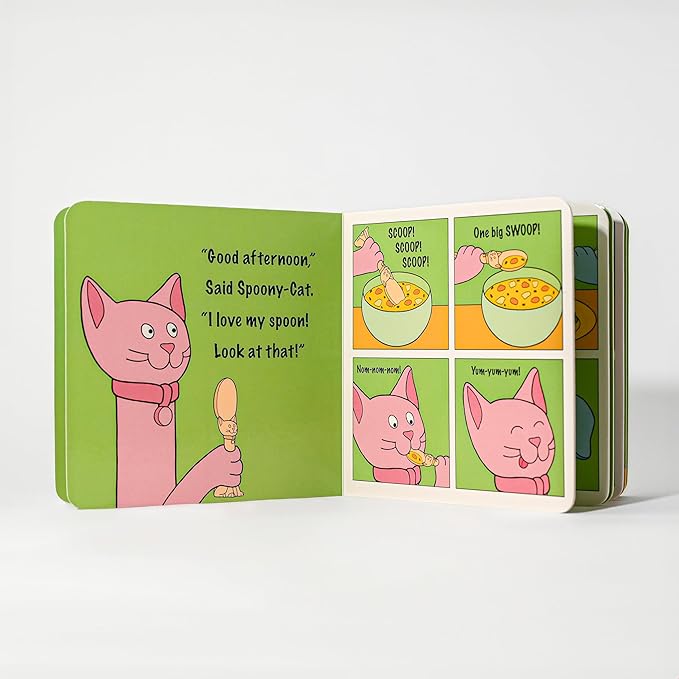 Made in USA Spoon la la Toddler Utensils Set (2 Pack) & Board Book - Spoon & Fork for Kids, Self-Standing 3D Ergonomic Cat & Dog Handles, BPA-free, Dishwasher Safe Baby Silverware (Mint Green)