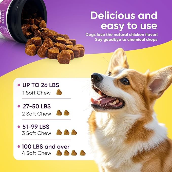 Dog Flea and Tick Treatment Chewable 200 Treatment Chews Natural Soft Chew Fleas Ticks Treatment Dog Oral Chewables Support Supplement Breeds and Ages Dogs Chicken Flavor