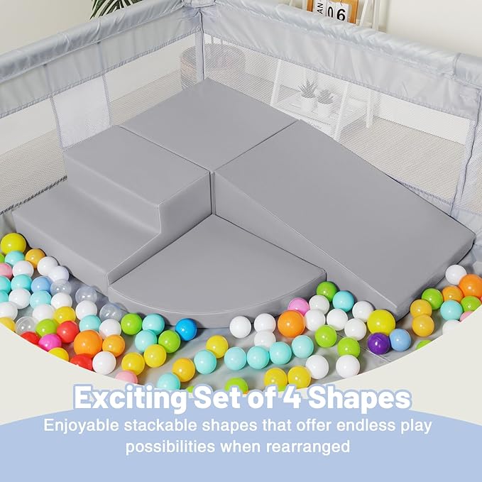 4-Piece PU Leather Baby Foam Climbing Blocks for Toddlers - Soft Play Climbing Toys for Toddlers - Foam Climbing Set for Crawling and Sliding Indoor (Gray)