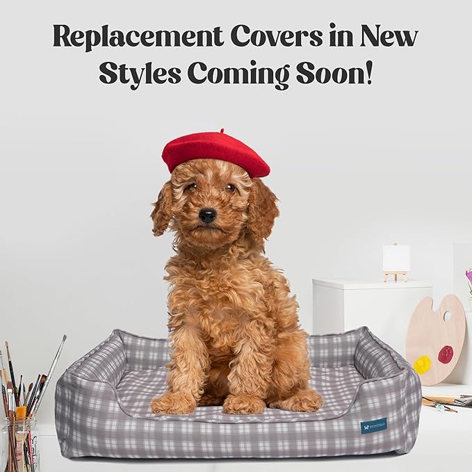 Orthopedic Bolster Dog Bed β CertiPUR-US Foam, Recycled Polyester Canvas, Washable Cover, Anti-Slip Bottom, Medium, Grey Plaid β Stylish Designer Dog Sofa
