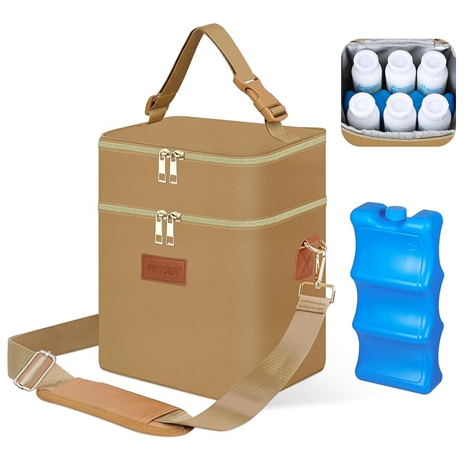 PIIOSER Breastmilk Cooler Bag with Ice Pack Fits 6 Baby Bottles Up to 9 Ounce, Insulated Baby Bottle Tote Bags, Double Layer Waterproof Leak-Proof with Shoulder Strap for Nursing & Working Mom (Brown)