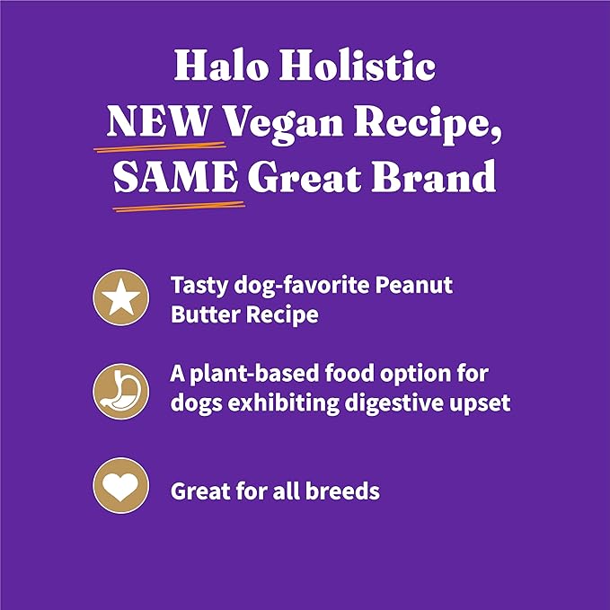 Halo Holistic Vegan Dog Food, Plant-Based Peanut Butter Recipe, Dry Dog Food, Complete Digestive Health, Kibble for Adult Dogs, 10 lb Bag