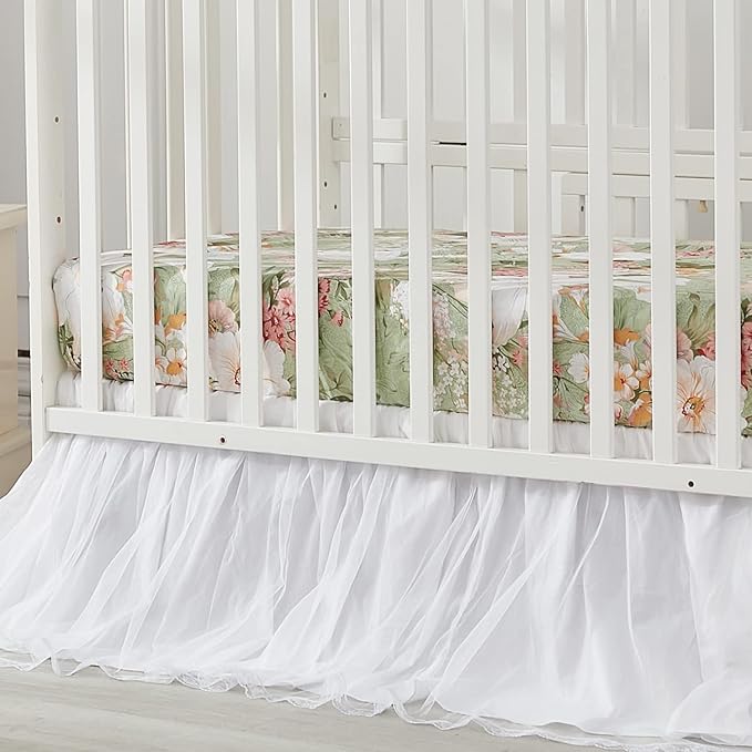 Brandream Crib Bedding Sets for Girls Garden Floral Nursery Set 3-Piece | Ruffled Baby Comforter, Crib Sheet and Tulle Lace Crib Bed Skirt, Green White