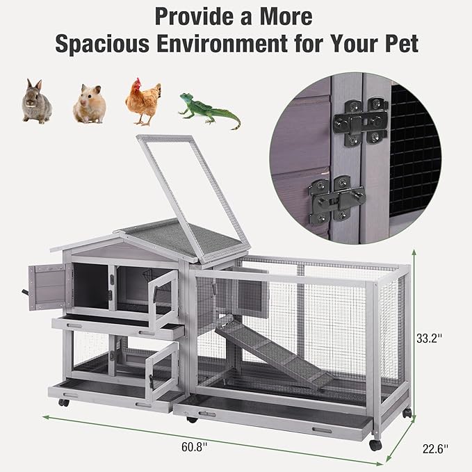Indoor/Outdoor Rabbit Hutch with Pull-Out Tray, Weatherproof Bunny Cage & Attached Run - Also for Chickens (Grey, L)