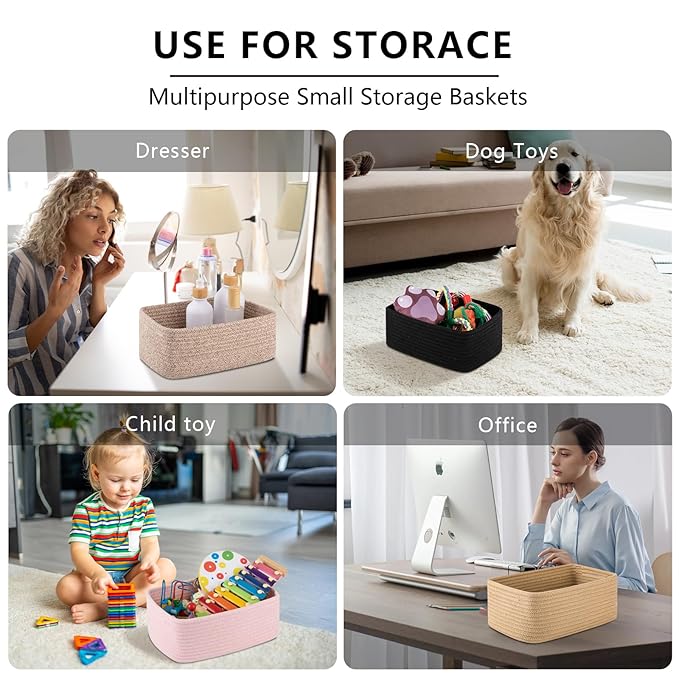 4 Pack Small Storage Shelf Baskets for Organizing, Mini Woven Rope Storage Bins for Towels, Cute Decorative Closet Organizer,Baby Nursery, Gift Empty Baskets -11.81''Lx7.87''Wx4.72''H-Pink