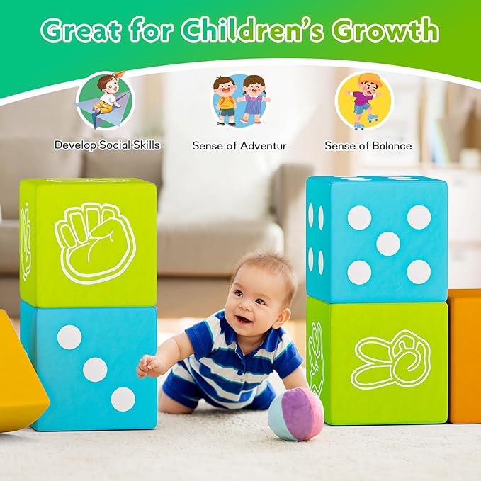 UMOMO 6 PCS Foam Climbing Blocks for Toddlers, Dice & Rock-Paper-Scissors Game Modes, Colorful Modular Play Set for Kids - Safe Indoor Activity Toy for Preschool Playroom (Green-Blue)
