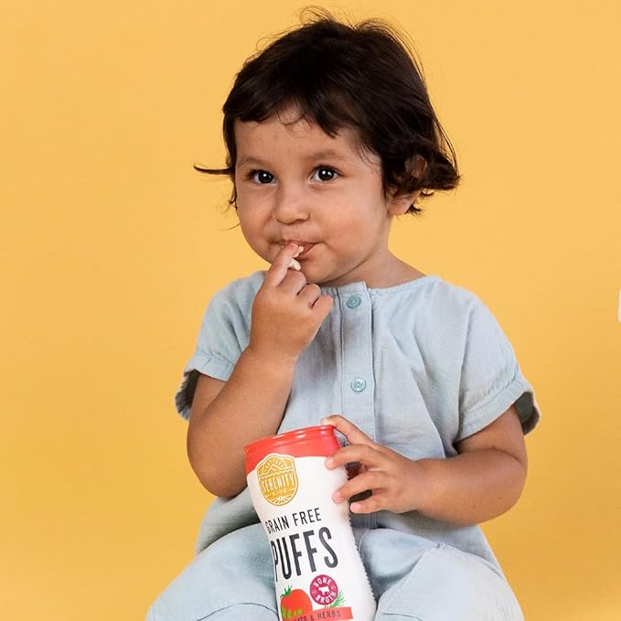 Serenity Kids 6+ Months Grain Free Puffs Toddler & Baby Snack | No Added Sugar, Gluten & Rice Free, Allergen Free | Made with Organic Cassava, Veggies, and Herbs | Tomato & Mushroom | 1 Count