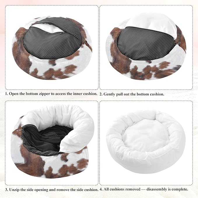 Round Cat Bed Dog Bed,15.7in Cow Print Washable Non-Slip Bottom Soft Pet Bed for Small Medium Dogs and Cats