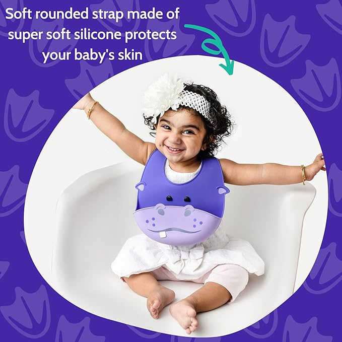 Silly Goose Set of 2 Silicone Baby Bibs, for Babies and Toddlers, Waterproof, Adjustable, Soft, Extra Wide Food Catcher Pocket, Animals (2PK Fox+Hippo)