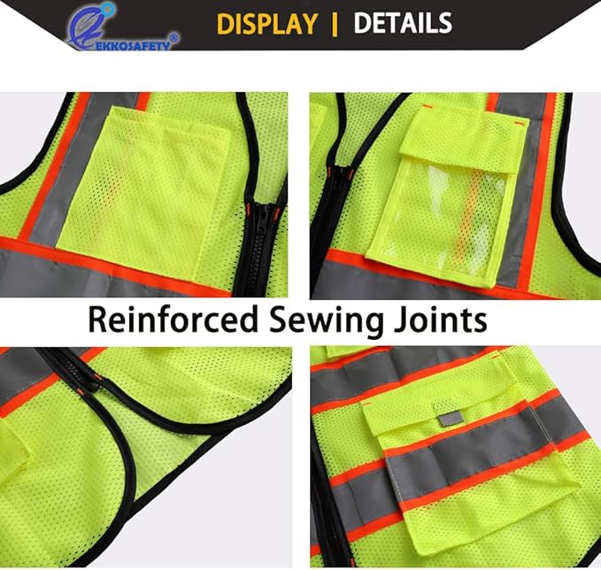 Reflective Safety Vest for Men Women with 9 Pockets and Zipper Front Class 2 High Visibility Mesh Work Vest Hi Vis Construction Vest,Meets ANSI/ISEA Standards(EK176-Yellow-M)