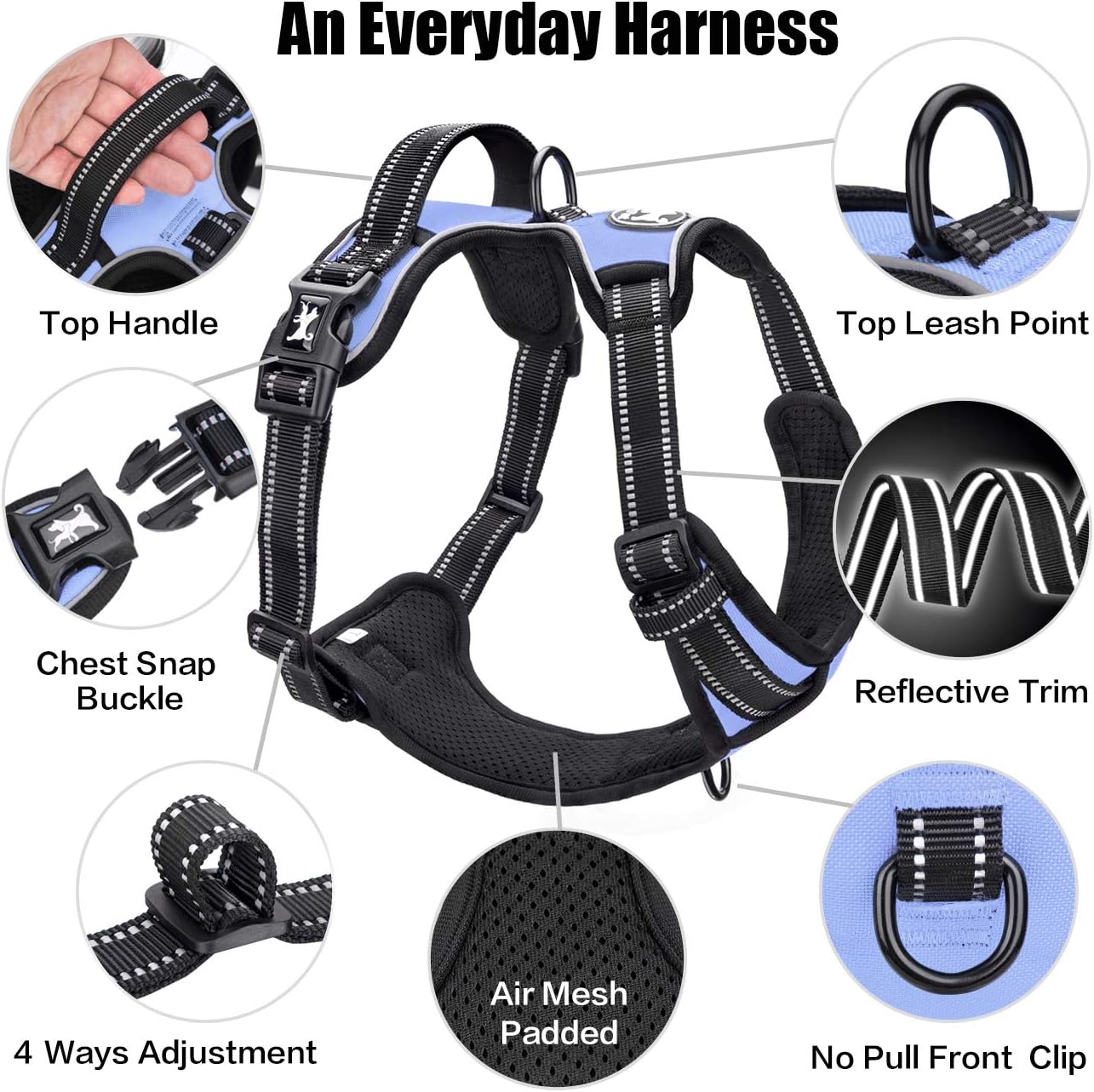 PoyPet No Pull Dog Harness, Reflective Comfortable Vest Harness with Front & Back 2 Leash Attachments and Easy Control Handle Adjustable Soft Padded Pet Vest for Small to Large Dogs (Light Blue,XS)