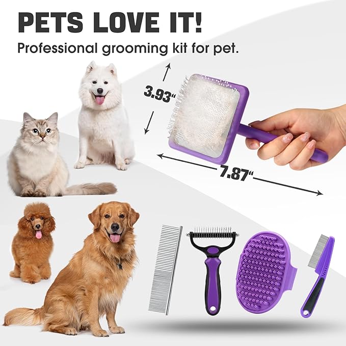 Dog Slicker Brush for Dogs Grooming Kit 4PCS | Large Dog Brush for Goldendoodles Poodles Doodles | Long Pin Haired Brush | Poodle Brushes and Comb (Purple)
