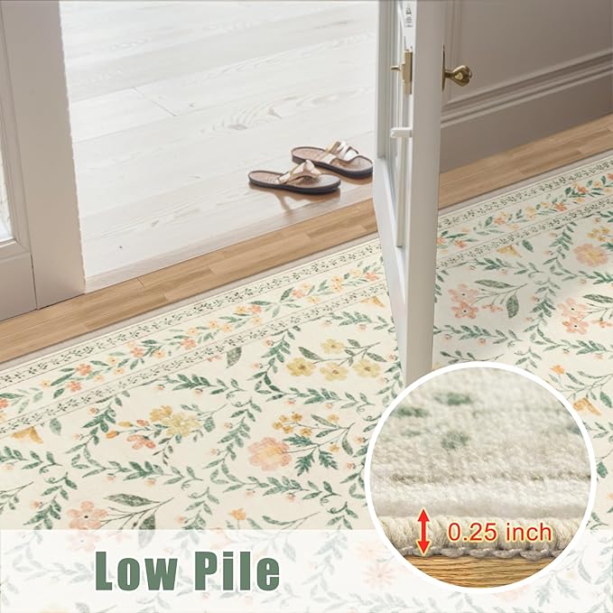 Runner Rug for Entryway: 2.6x8 Kitchen Rugs Non Slip Washable Ultra-Thin Soft Floral Carpet Indoor Floor Stain Resistant Carpets for Hallway Bedroom Kitchen Laundry Bathroom Dorm Beige/Multi
