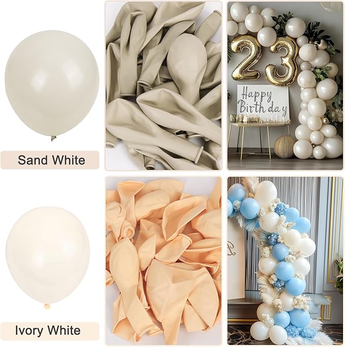 RUBFAC 129pcs Sand White Balloons Different Sizes 18 12 10 5 Inches, Cream Beige Latex Balloon Garland Arch for Birthday Party Graduation Wedding Anniversary Baby Shower Decoration