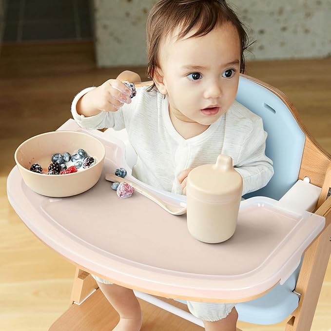 Cowiewie Natural Wooden High Chair for Babies & Toddlers 3-Tier Remove & Adjustable Tray, 8 Adjustable Highchair with Cushions, Portable (Blue)