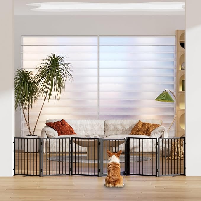 Full Metal Freestanding Dog Gate with Door, 24'' Height Foldable Pet Dog Fence for Indoor & Outdoor, 6 Panels Extra Wide Free Standing SmallDog Gates for Doorways,House,Stairs,Porch,Deck,Yard