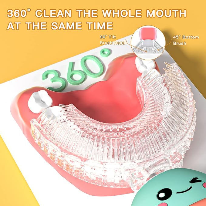 Kids Electric Toothbrush U Shaped Toddler Auto Sonic Toothbrushes with 5 Brush Head,Cartoon Dinosaur Ultrasonic Toothbrushes for Children 2-12 Years,360° Full Mouth Cleaning Automatic