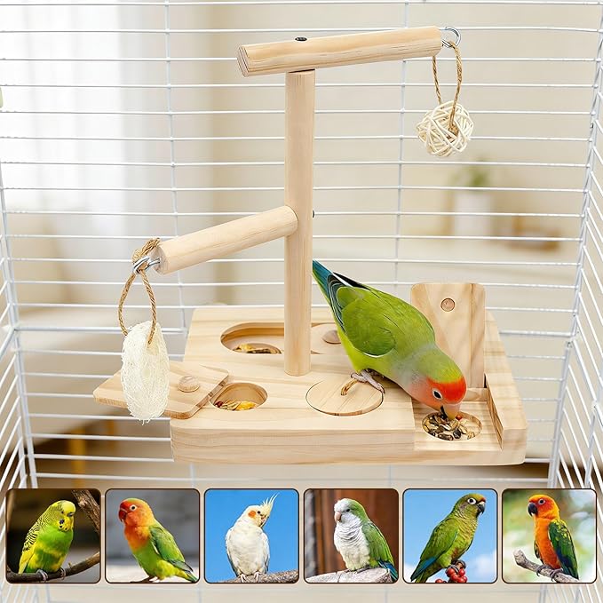 Interactive Wooden Bird Foraging Toy – Cage-Mounted Puzzle Feeder with Sliding Locks, Loofah & Vine Ball for Budgies, Cockatiels, Conures & Small Parrots