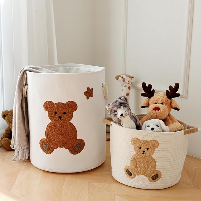 INough Cotton Rope Basket Toy Storage Baskets for kids Laundry Hamper, Gift Basket Empty Baby Shower Baskets with Handles, Cute Bins Blanket Stuffed Animal Storage for Nursery, Living Room Decor, Bear