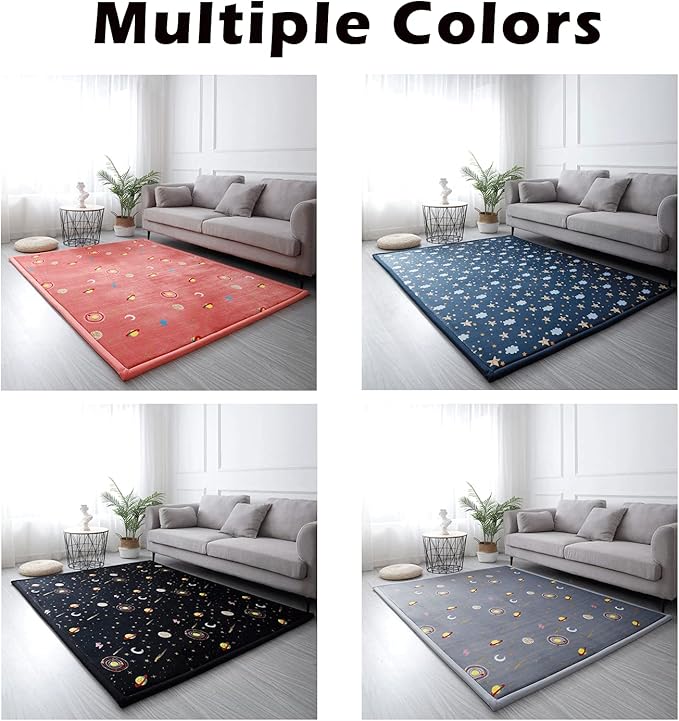 Loartee Coral Velvet Area Rug - 1" Thick Memory Foam Baby Play Mat, Washable Toddler Carpet, Home Decor for Living Room, Nursery, Kids Bedroom, Astral Black, 4'11"x4'11"