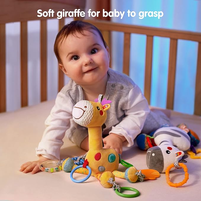 TUMAMA Hanging Toys, 16 inch Plush Animals Baby Rattle, Car Seat Stroller Toys, 2 Pack, Newborn - 12 Months, 2 x Plush Animal Hanging Toys (Giraffe, Zebra), Rings, Built-in Rattles and Crinkles