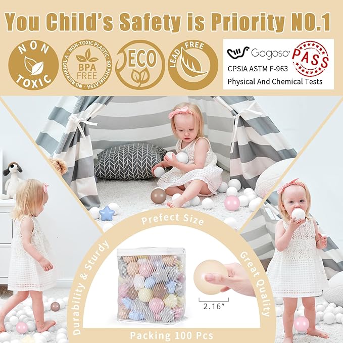 GOGOSO Ball Pits Balls for Toddlers Pack of 50 100 200 Plastics Shape Ball Non-Phthalate Non-BPA Non-Toxic 2.2-Inch Crush Proof Play Balls