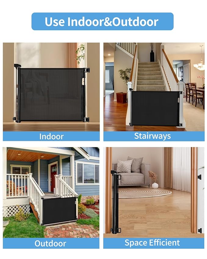 Retractable Baby Gate for Doorways and Stairs, Mesh Safety Gate for Pet, Indoor & Outdoor Use, One-Hand Operation, Easy Installation, 33.6" Tall, Expands to 55" Wide(Black,33.6"x55"