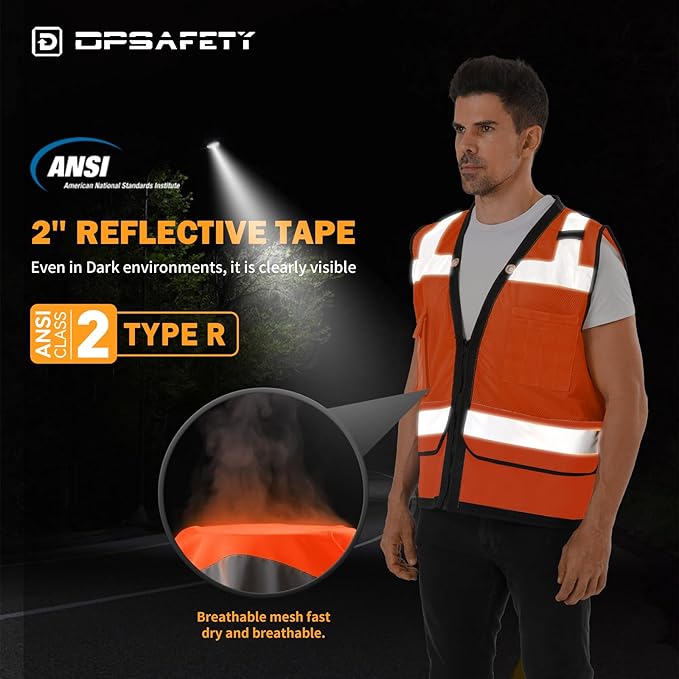 Reflective Safety vest With back plan pocket,High visibility Class 2 Heavy Duty Surveyor Vest with Zipper,Hi Vis Vest ANSI/ISEA Standard, Construction Work Vest for Men&Women(Orange,5XL)