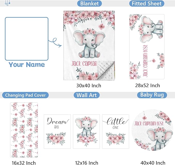 Personalized Nursery Bedding Set, 5 Pcs Custom Crib Sets, Soft Baby Girl Set with Name, Double Layer Elephant Infant Bedding Set Customized Gifts for Toddlers
