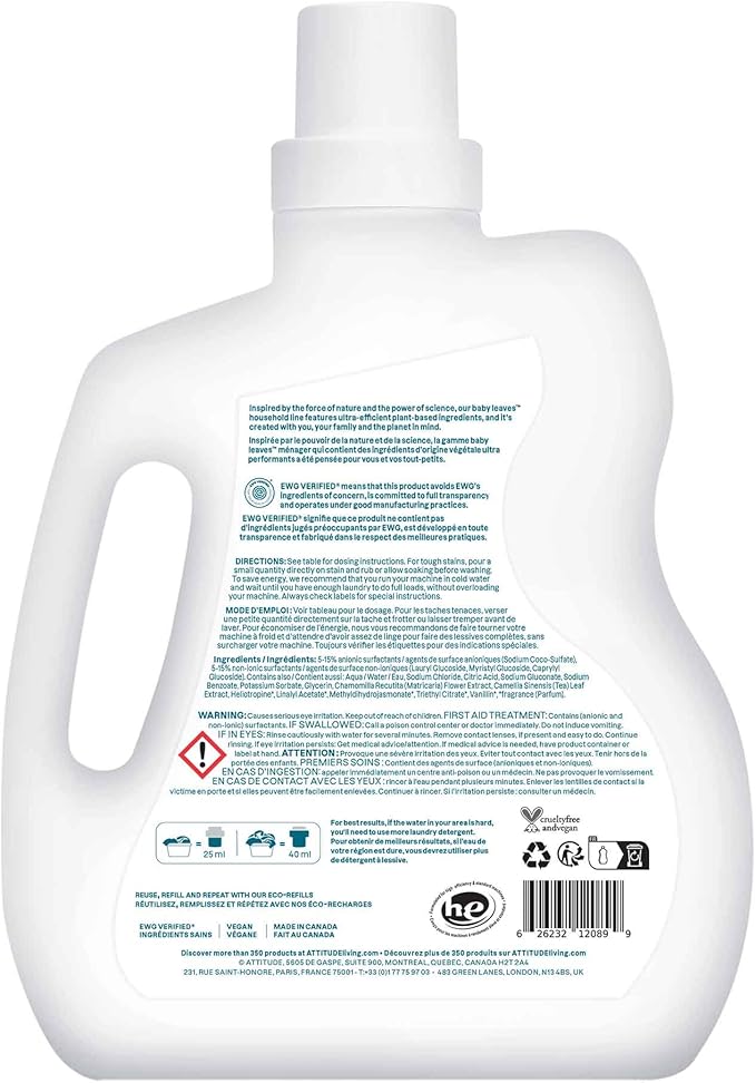 ATTITUDE Baby Laundry Detergent Liquid, EWG Verified, Safe for Baby Clothes, Infant and Newborn, Naturally Derived, HE Compatible, Soothing Chamomile, 80 Loads, 67.6 Fl Oz (AMAZON EXCLUSIVE)