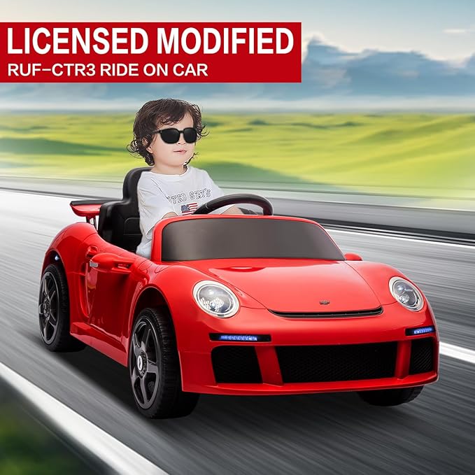 Licensed RUF CTR3 12V Kids Electric Car with Parent Remote Control, 2 Motors, 3 Speeds, LED Lights, MP3 Player | Battery Powered Ride-On Toy for Kids to Drive - Red