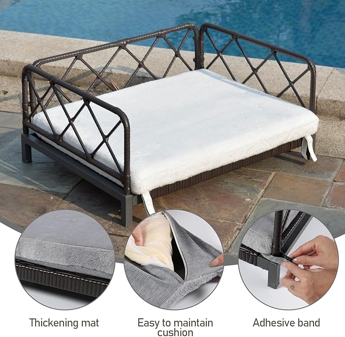 Boho Rattan Dog Bed, Pet Sofa Couch Bed with Removable Cushions - Indoor/Outdoor Durable Pet Furniture for Small/Medium Dogs (Black)