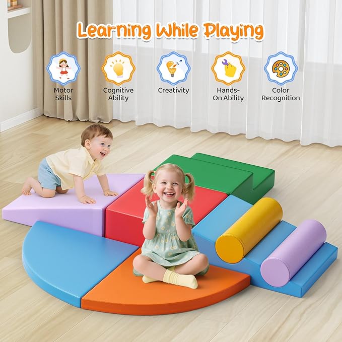 Lischwert Foam Climbing Blocks for Toddlers 1-3, 8pcs Soft Play Set with Crawling Exploration Toys, Indoor Outdoor Infant Safe Blocks for Baby Gym Toddler Playground