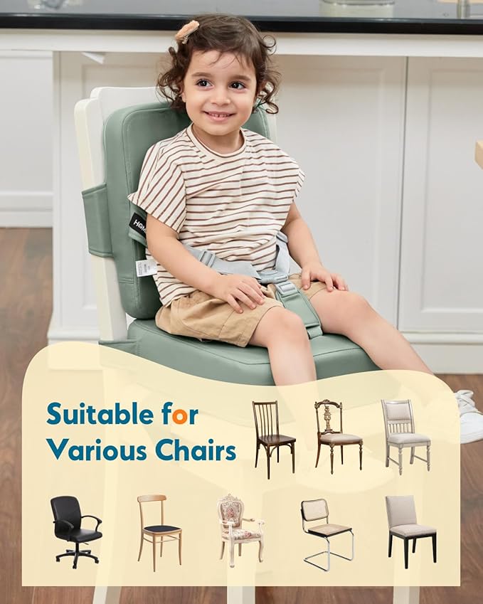 HOMEAL Toddler Booster Seat for Dining Table - Booster Seat for Kitchen Chair with Easy-Install Straps - Wipeable Surface & Removable Cover Easy to Clean -Breathable Fabric - Sage