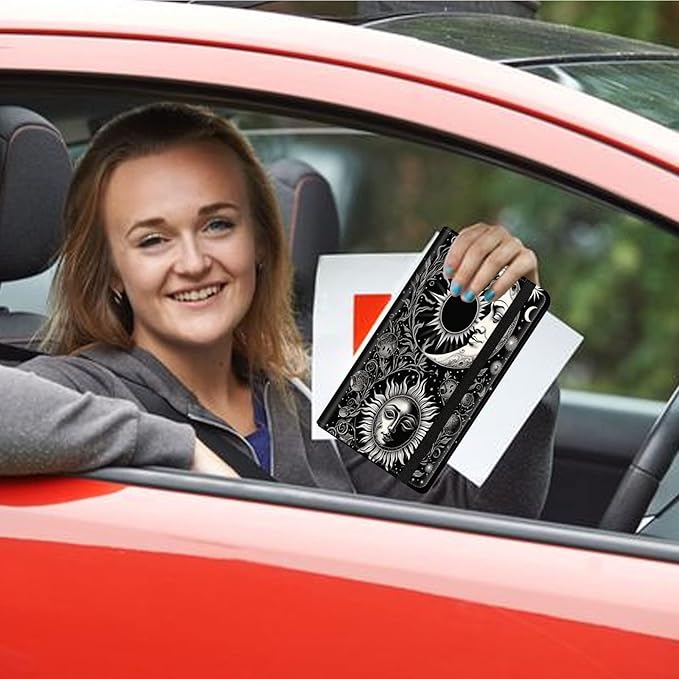 Car Registration and Insurance Holder, Leather Car Glove Box Organizer, Cool Car Accessories for ID, Driver's License Cards & Essential Document, business cards, Men&Women,Soon Moon Stars Black