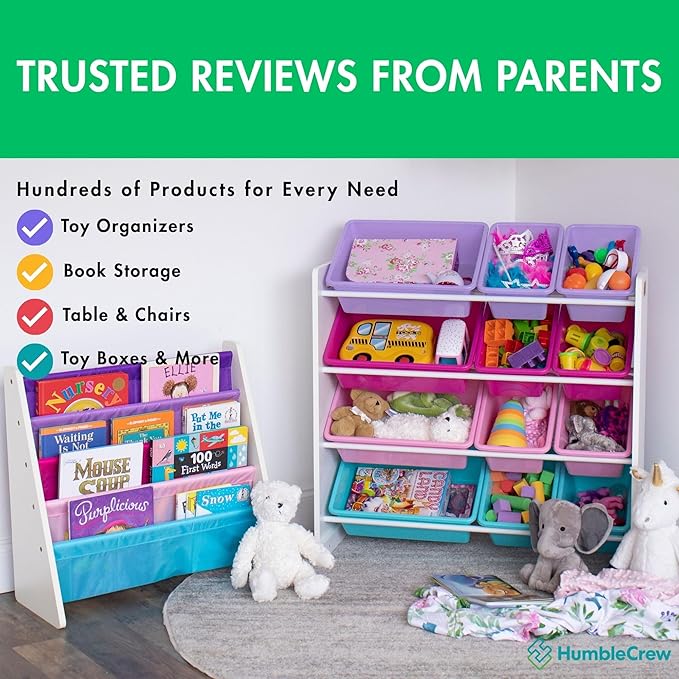 Humble Crew Kids Toy Storage Organizer with 12 Plastic Bins, White/Pink/Purple/Turquoise – Removable Bins for Playroom, Bedroom, Toddler Furniture for Boys and Girls Ages