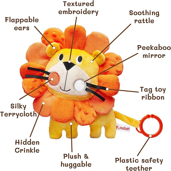 Roary The Lion Crinkle Toy for Baby - Sensory Tummy Time Toys - Plush Stuffed Animal with Teething Toy Chew Ring