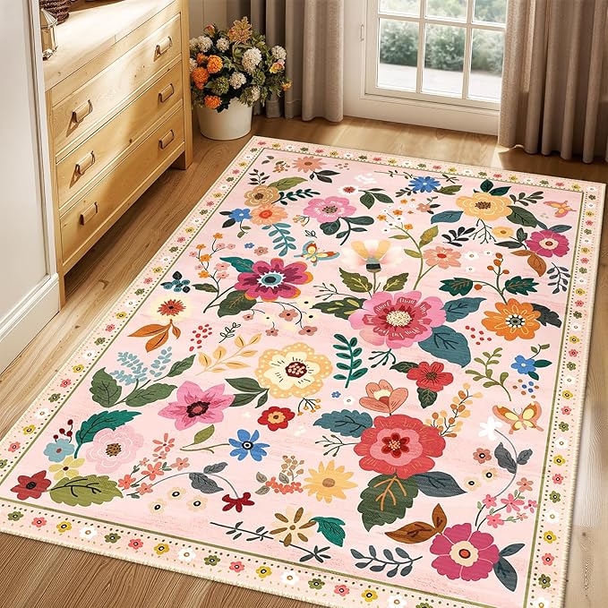 Floral 4x6 Area Rug Machine Washable Soft Print Boho Carpet Non Slip Doormat Low Pile Flower Area Rugs for Living Room Bedroom Nursery Kitchen Dining Room Indoor-Pink