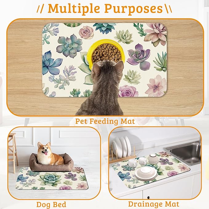 Dog Bowl Mat,Cactus Pet Feeding Mat for Floors Waterproof,Succulents Absorbent Dogs Placemat for Food and Water Quick Dry Pet Cat Feeding Mats with Non Slip Bottom 12" x 20"