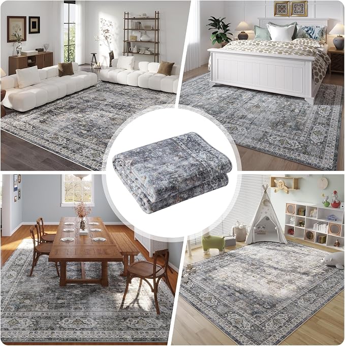 Rugcomf 9x12 Rug Washable Boho Soft Large Area Rug Non-Slip Faux Wool Vintage