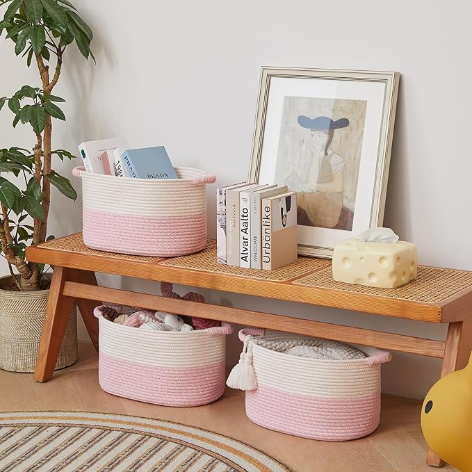 Storage Baskets for Organizing | 15"x10.2"x9.1" - 1 Pack Nursery Bin with Handles - Woven Cotton Rope Baskets for Dog Toys, Books, Shelf, Bathroom,Closet -Pink Basket for Girls