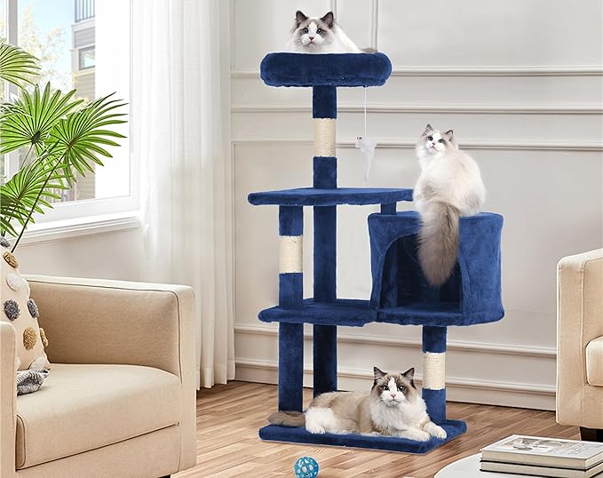 Cat Tree Tower, 36" Small Cat Tower for Indoor Cats with Cat Scratching Post with Bed, Cat Condo, Multi-Level Cat Climbing Tower Cat Trees Cat Furniture Activity Center, Navy Blue