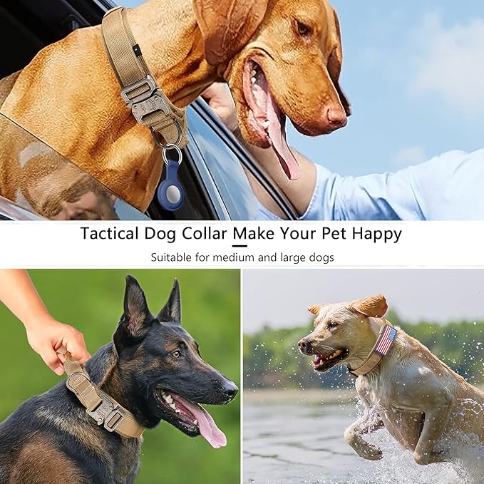DAGANXI Tactical Dog Collar, Adjustable Military Training Nylon Dog Collar with Control Handle and Heavy Metal Buckle for Medium and Large Dogs, with Patches and Airtags Case (XXL, Brown)