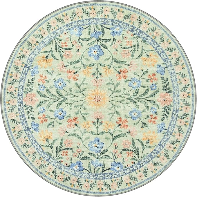 Wonnitar Washable Floral Round Rug, 6ft Sage Green Round Area Rugs for Bedroom Nursery, Boho Non-Slip Indoor Large Circle Carpets for Dining Room Living Room Kids Playroom