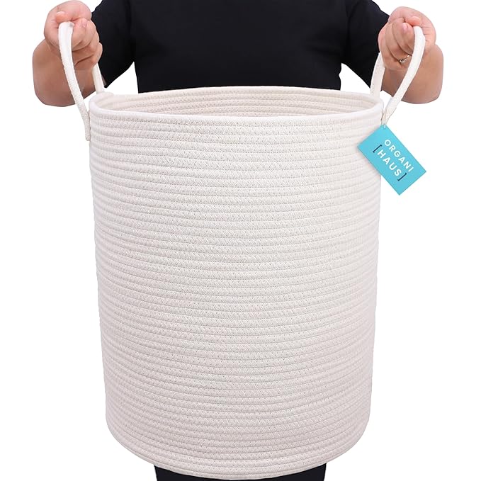 OrganiHaus White Laundry Basket 15x18, Cotton Rope Basket for Blankets, Tall Woven Baskets for Storage, Large Basket for Toys, Soft Blanket Holder Bin, Boho Blanket Basket for Living Room