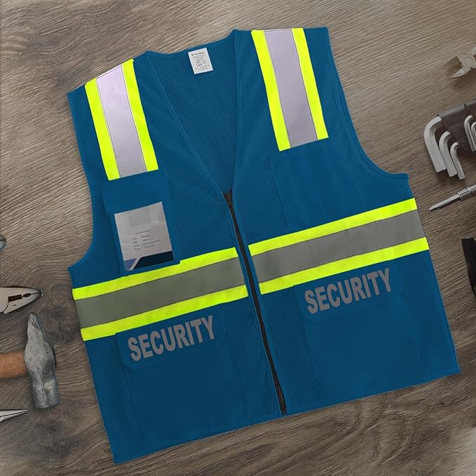 Security Vest for Security Guard, Hi Vis Mesh Vest with Pockets, High Visibility Safety Vest with Reflective Strips, ANSI Compliant, Blue, M