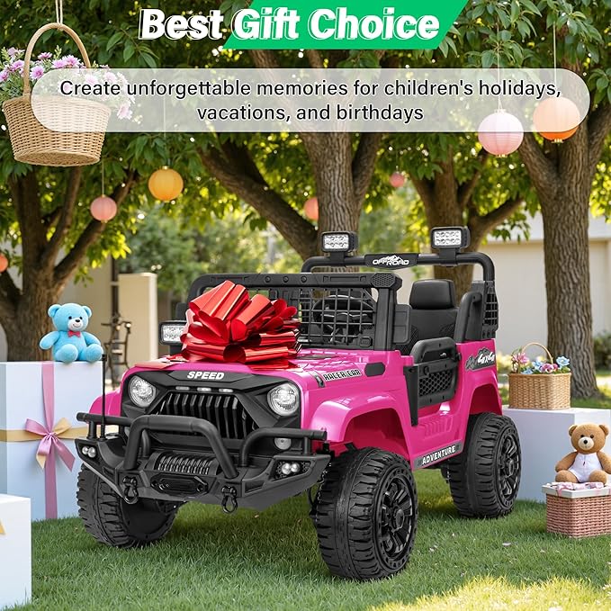2 Seater Ride On Car Truck with Remote Control XL, Kids 24V Battery Powered Electric Vihicle w/21 in Seat, 3 Speeds, 2WD/4WD Switichable, Shock Absorbers,Bluetooth, Flower, Gift Choice