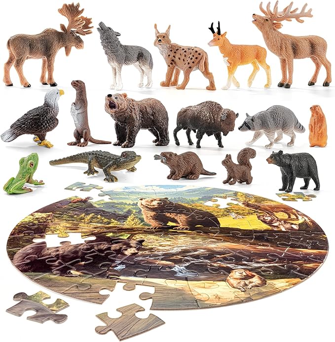 North American Animals Figurines Toys, 16PCS Realistic Safari Animals Figures & 67PCS 20" Large Woodland Jigsaw Puzzles Toys for Preschool Kids Toddlers, Ideal Gift for Toddler