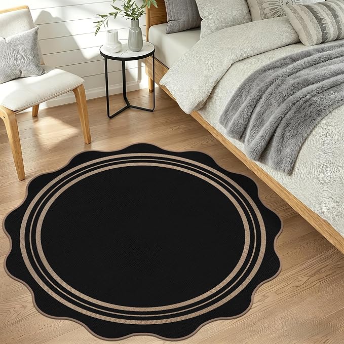 Scalloped Round Entryway Rug 4ft, Indoor Outdoor Patio Rug Washable Farmhouse